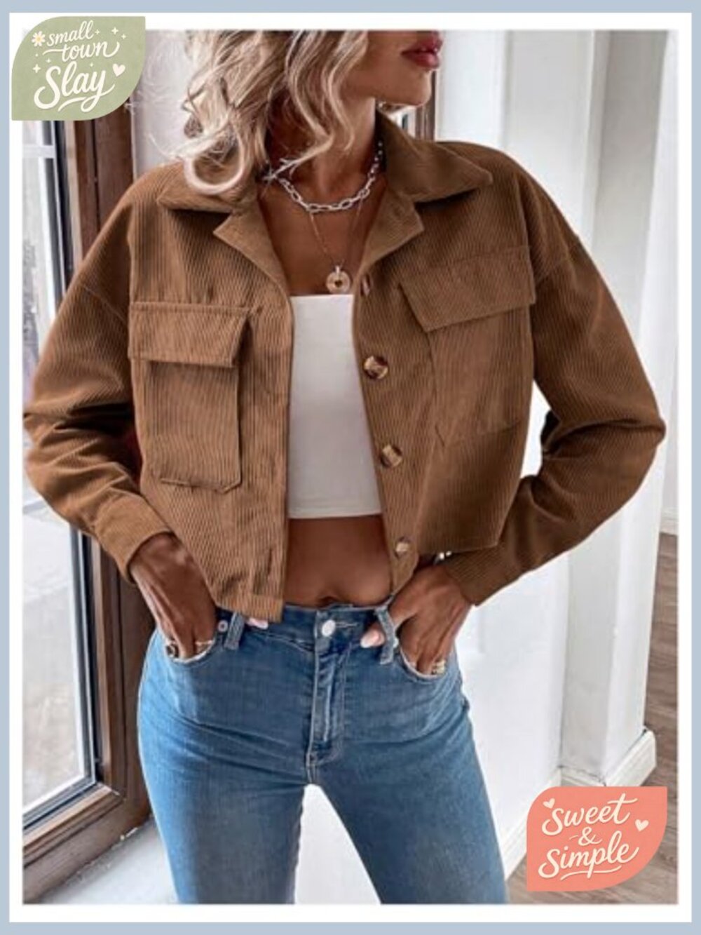 Corduroy Cropped Shacket Jacket Lightweight Long Sleeve Button Down - Picture 4 of 7